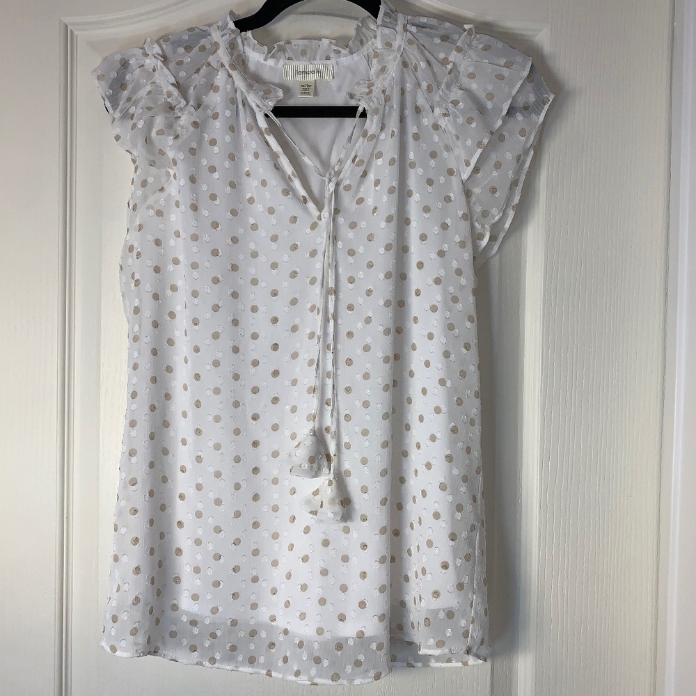 Tamara H‎ Polka Dot Chiffon Blouse XS Cream Ruffle Sleeves Sheer Lined Top